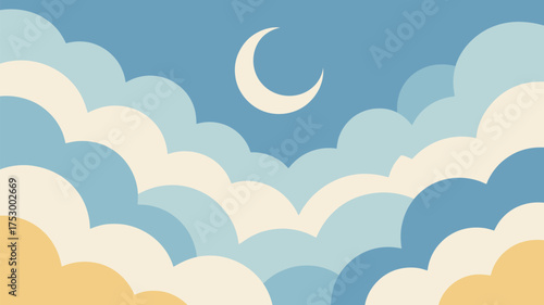 Illustration of a crescent moon in a blue sky with stylized clouds in various shades of blue and cream
