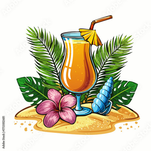 Beach accessories, palm leaves, seashells, flower and an exotic cocktail on sand