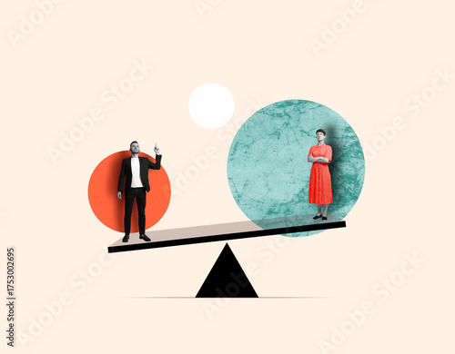 Man and woman standing on a seesaw. Concept of gender inequality and competition, balance, justice, and social contrast. Creative art collage.