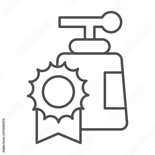 Bottle of liquid soap with stamp ribbon thin line icon, hygiene concept. Vector graphics. Liquid soap and badge sign on white background, outline style icon for mobile or web design.