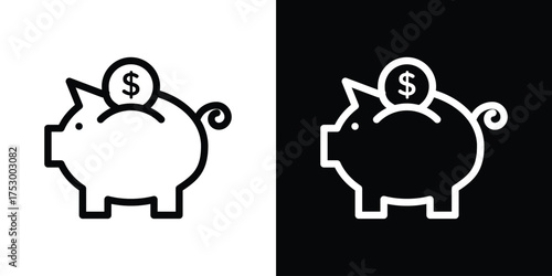 Piggy bank icon symbols in black illustrations set