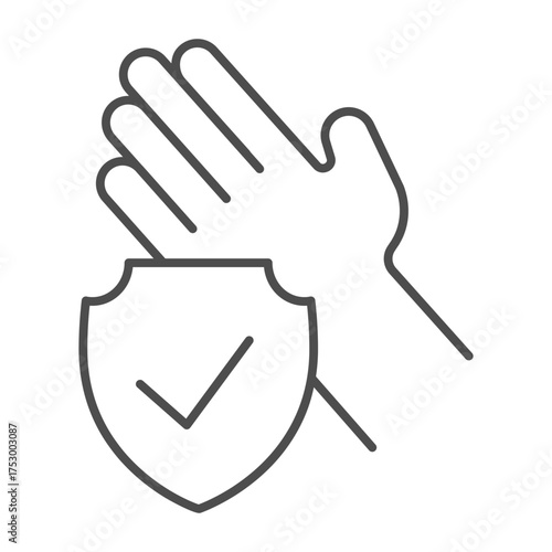 Clean hand badge thin line icon, hand washing concept. Vector graphics. Palm and emblem with checkmark sign on white background, outline style icon for mobile or web design.