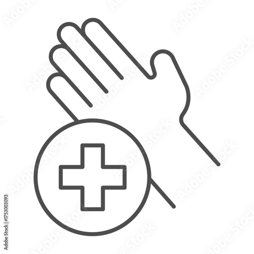 Hand with medical cross bubble thin line icon, hygiene concept. Vector graphics. Clean palm sign on white background, outline style icon for mobile or web design.