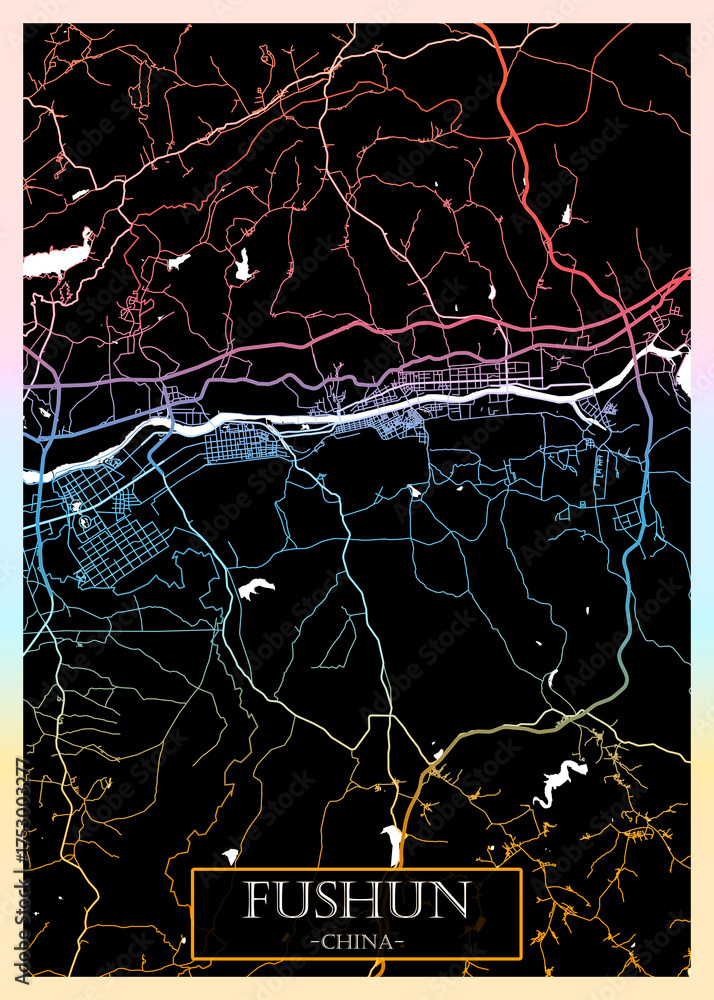 Obraz premium Fushun China City Map. Downtown printable banner, travel destination Landmarks travel city landscape, map illustration print cities city travel, illustration painting destination, city banner