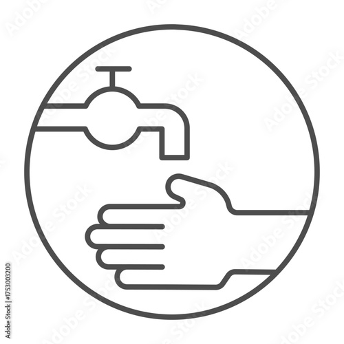 Faucet tap and hand thin line icon, hand washing concept. Vector graphics. Water faucet sign on white background, outline style icon for mobile or web design.