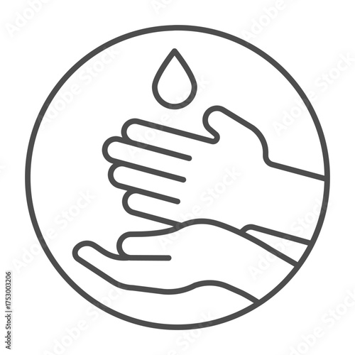 Two hands and water drop thin line icon, hygiene concept. Vector graphics. Washing hands with water sign on white background, outline style icon for mobile or web design.