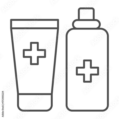 Antiseptic can and ointment tube thin line icon, hygiene concept. Vector graphics. Agents with medical cross sign on white background, outline style icon for mobile or web design.