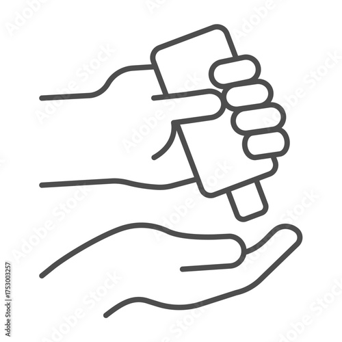 Palm and bottle of antiseptic thin line icon, washing hands concept. Vector graphics. Antiseptic jar in hand sign on white background, outline style icon for mobile or web design.