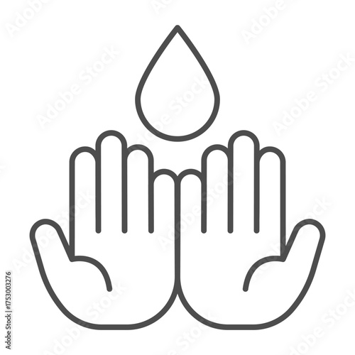 Washing hands with water thin line icon, hygiene concept. Vector graphics. Two hands and water drop sign on white background, outline style icon for mobile or web design.