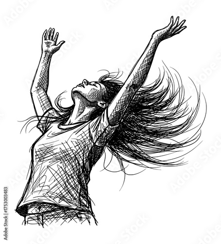 Expressive Sketch of Woman Reaching Up in Joyful Freedom. Vector Illustration for Empowerment Concept.