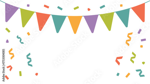 A festive banner with colorful pennants and confetti scattered on a white background celebration design