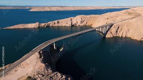 Aerial Cinematic View of Croatia’s Coastal Landscape with Bridges and Turquoise Adriatic Sea. Drone Flight Over Scenic Croatian Coastline, Islands