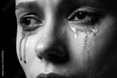 Fotografie Sad woman crying on dark background, closeup