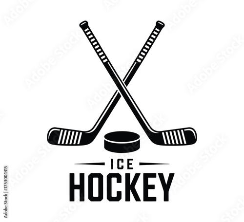 Ice hockey logo and vintage poster design with crossed cues for professional team, tournament branding, and athletic club emblem vector set