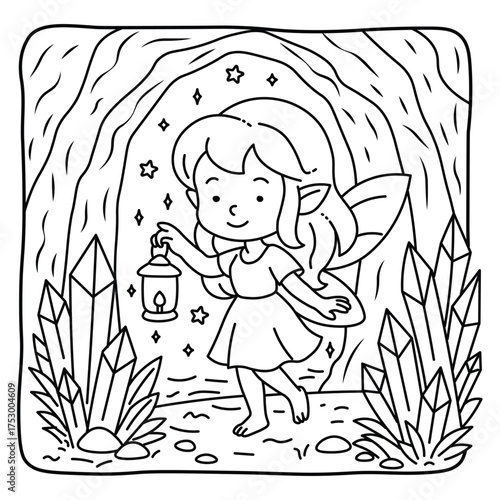 Hand drawn Cute Fairy Girl with Lantern – Enchanted Crystal Grotto Coloring Sheet