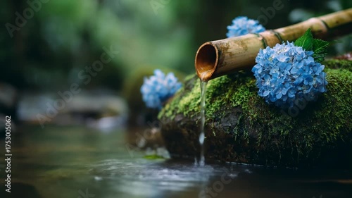 Bamboo fountain trickles water into pond, adorned with hydrangeas and mossy stones