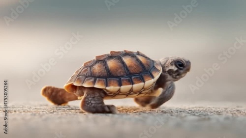 Close-up of a baby turtle walking across a textured surface in soft, warm lighting