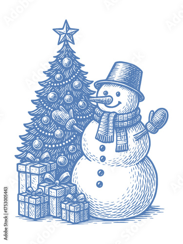 Snowman and Christmas tree engraving vector illustration