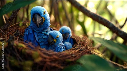 A nest of blue parrots in a leafy tree, with a mother and two chicks close together