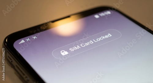 Smartphone screen with a SIM card locked notification. Mobile phone security alert and network access problem. Privacy and protection concept