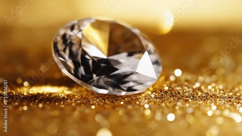 Sparkling gemstone rests atop bed of shimmering gold glitter, soft focus background