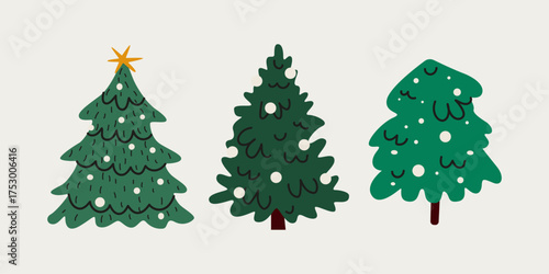 Christmas trees set in cartoon doodle style. Festive fir trees with decorations and stars for winter holiday decoration. Xmas nature elements. Seasonal vector illustrations in retro style