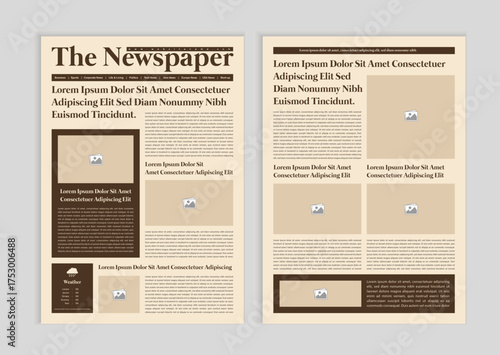 Vintage newspaper with text and image placeholder. Brochure newspaper pages with headline. Paper retro journal vector template. News articles newsprint magazine old design