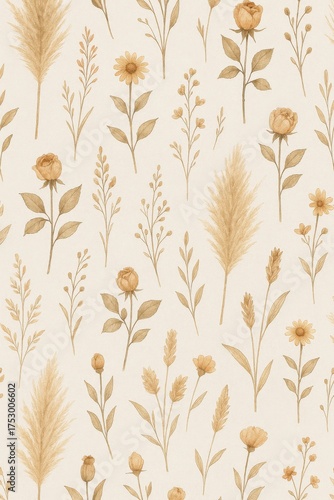 Floral pattern of delicate blossoms in a beige palette with many kinds of floral patterns, ideal for textures