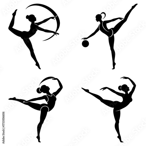 Silhouette illustrations of gymnasts performing various poses with props on a white background design