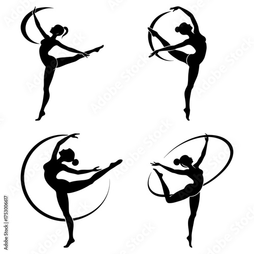 Silhouette illustration of four gymnasts performing with hoops in various poses on a white background