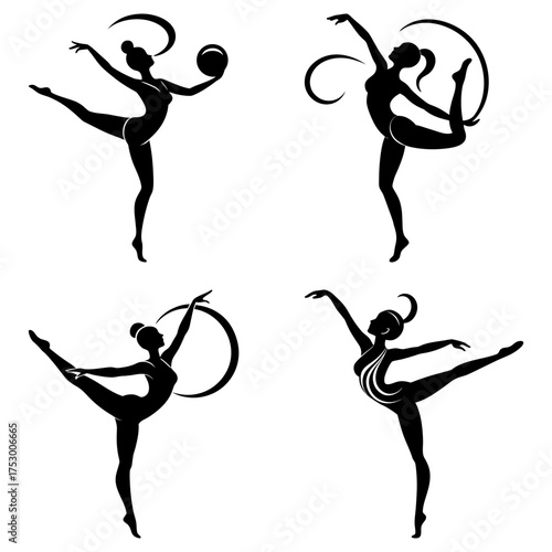 Four stylized silhouettes of female gymnasts in various poses with ball and ribbon elements shown