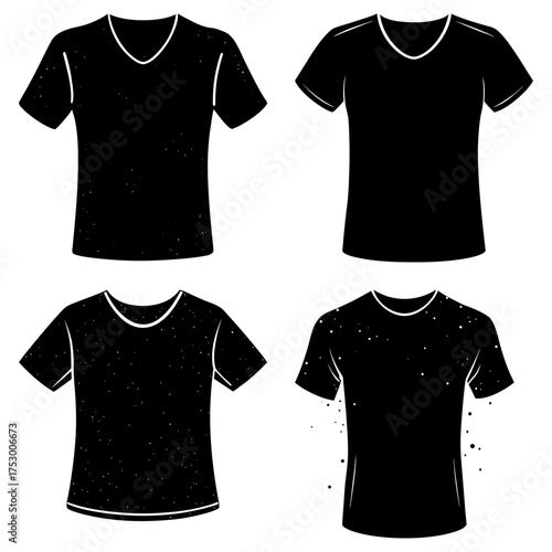 Four black t shirts with different necklines and textures displayed on a white background in a pattern