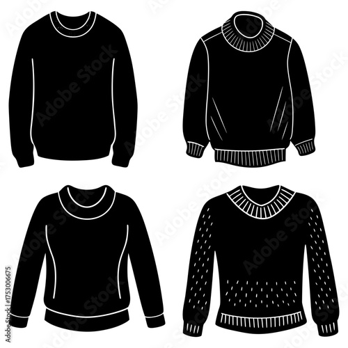Illustration of four different black sweaters with varying necklines and sleeve designs on a white background