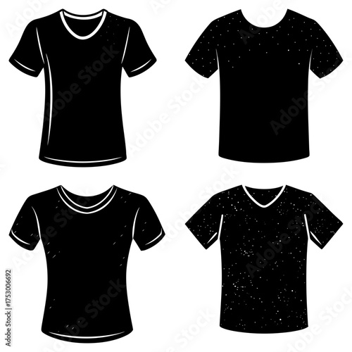 Illustration showing four black t shirts with different necklines arranged in a square pattern