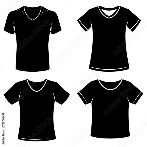 Four black t shirts with different necklines including v neck and crew neck in a graphic illustration