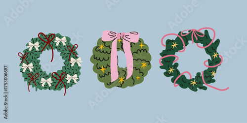 Christmas door wreath set in cartoon doodle style. Festive wreath with bow ribbon for winter holiday decoration. Xmas holiday elements. Seasonal vector illustrations