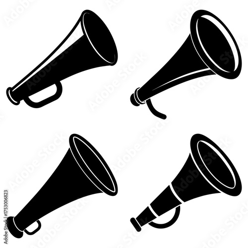 Four black and white megaphone illustrations arranged in a square format on a white background space here