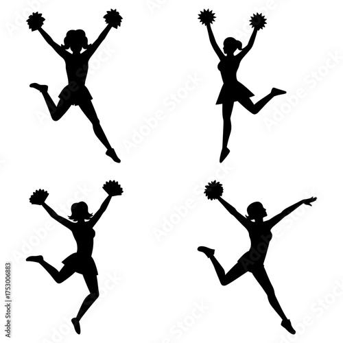 Silhouette of four cheerleaders jumping with pom poms in a dynamic and energetic synchronized performance