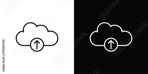 Cloud upload icon symbols in black illustrations set