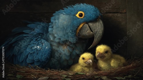 Blue parrot with two yellow chicks nesting on straw, dark wood background