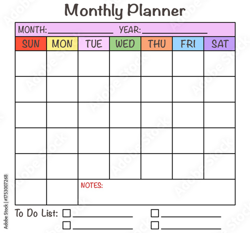 Blank monthly planner template for  help users organize their schedules and tasks for a specific month and year.