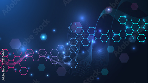 Health care or medical abstract background with hexagons, lines and dots. Scientific innovation banner template concept. Biology and pharmaceutical technology background. Vector illustration.