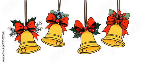 Vintage vector illustration of jingle golden Christmas bells with red bows, holly leaves, and berries. Retro holiday decor element for greeting cards, prints, and festive design projects.