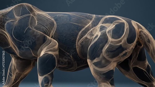 Stylized muscular panther form in black and gold lines against a dark, neutral backdrop