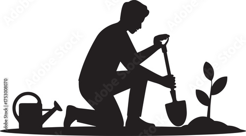 Gardener Silhouette with Shovel and Watering Can Planting Sapling Vector