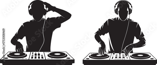 Silhouettes of DJs with headphones at turntables on transparent background