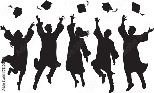 Silhouettes of Graduates Celebrating and Throwing Caps in Air Accomplishment Design