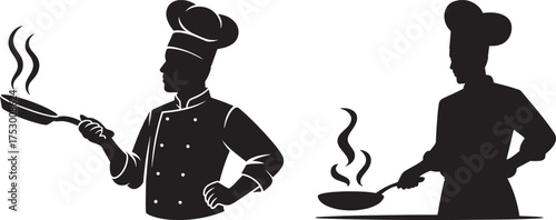 Silhouettes of chefs with frying pans and steaming food on transparent background