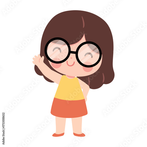 Cartoon Girl with Glasses Waving