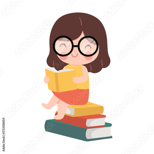Illustration of Girl Reading on Books